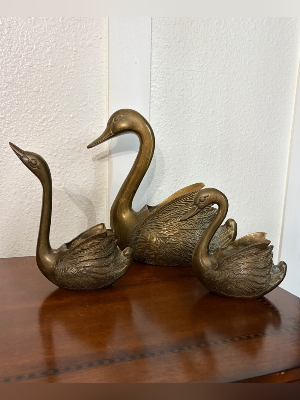 Vintage Brass Swan Planters 3 Piece Set - Picture 2 of 12